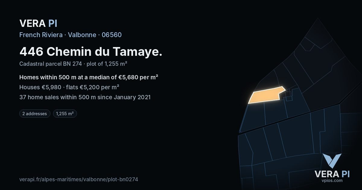 446 Chemin du Tamaye, Valbonne at night – the plot lit, the parcels around coloured by the prices near them
