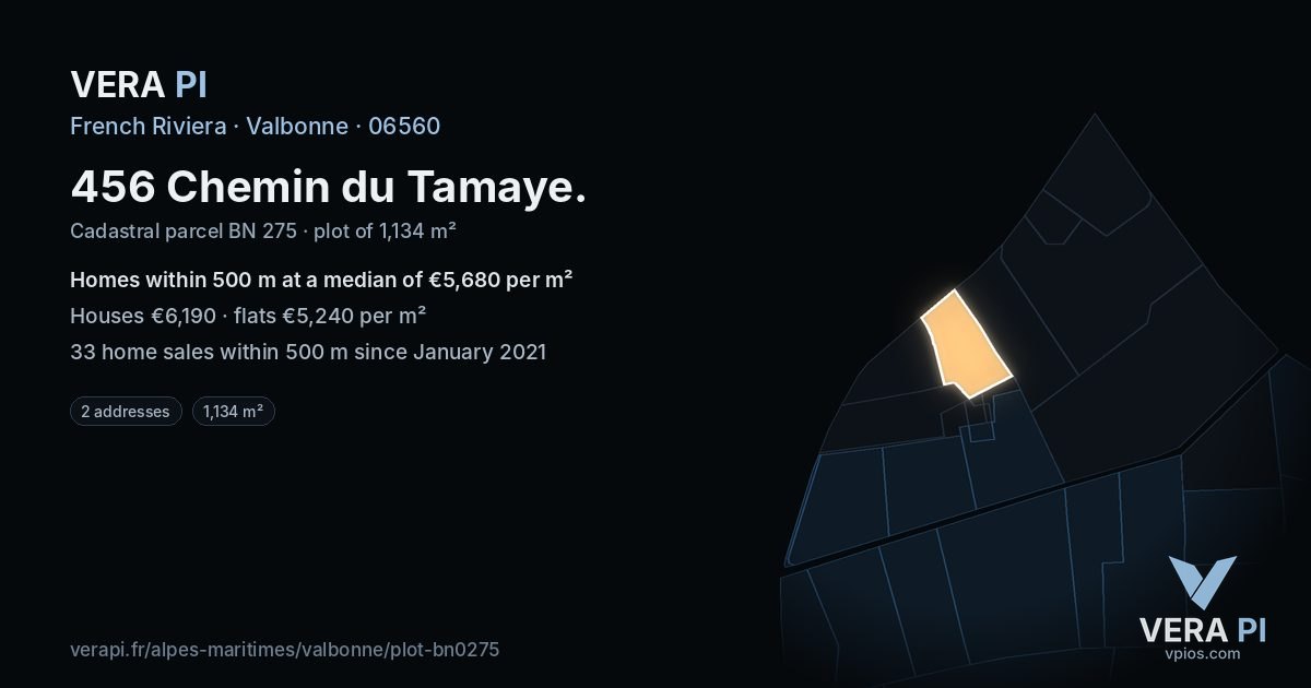 456 Chemin du Tamaye, Valbonne at night – the plot lit, the parcels around coloured by the prices near them