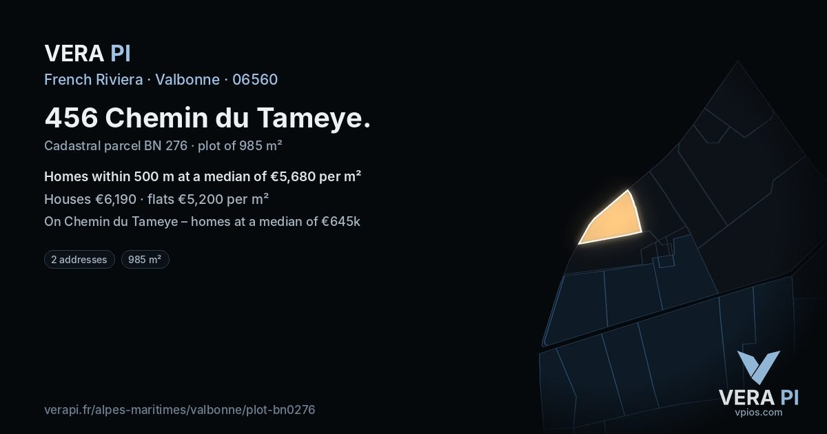 456 Chemin du Tameye, Valbonne at night – the plot lit, the parcels around coloured by the prices near them