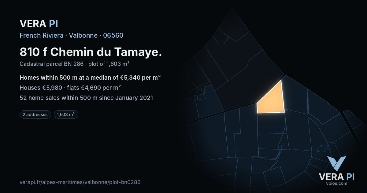 810 f Chemin du Tamaye, Valbonne at night – the plot lit, the parcels around coloured by the prices near them