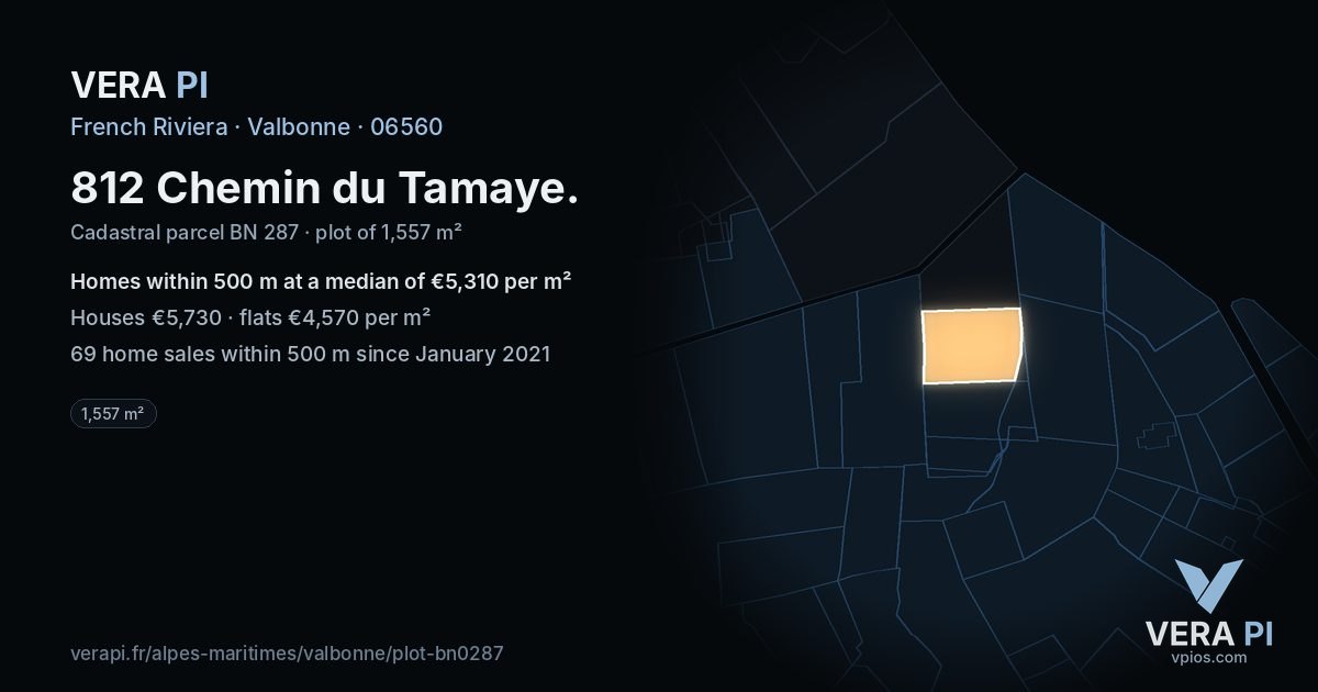 812 Chemin du Tamaye, Valbonne at night – the plot lit, the parcels around coloured by the prices near them