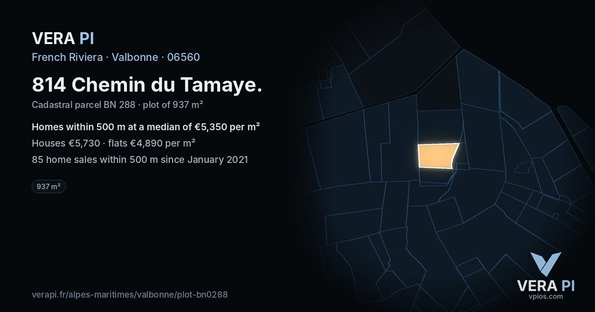 814 Chemin du Tamaye, Valbonne at night – the plot lit, the parcels around coloured by the prices near them