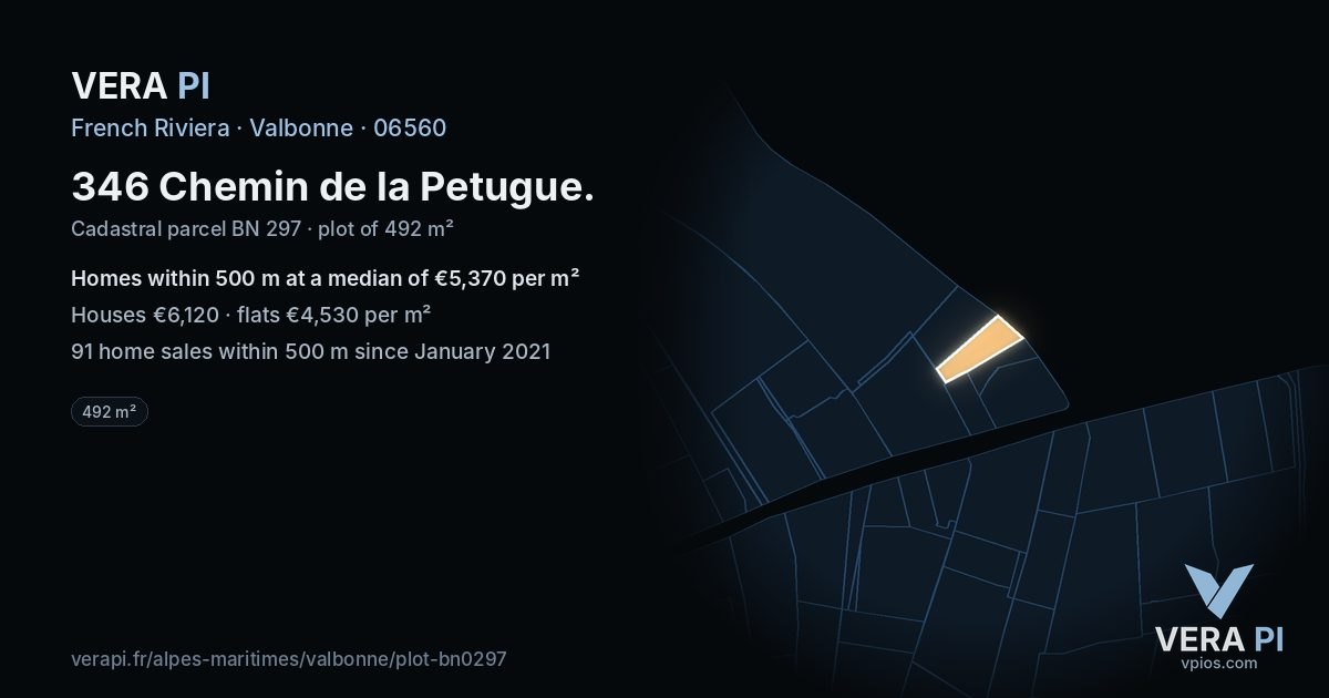 346 Chemin de la Petugue, Valbonne at night – the plot lit, the parcels around coloured by the prices near them