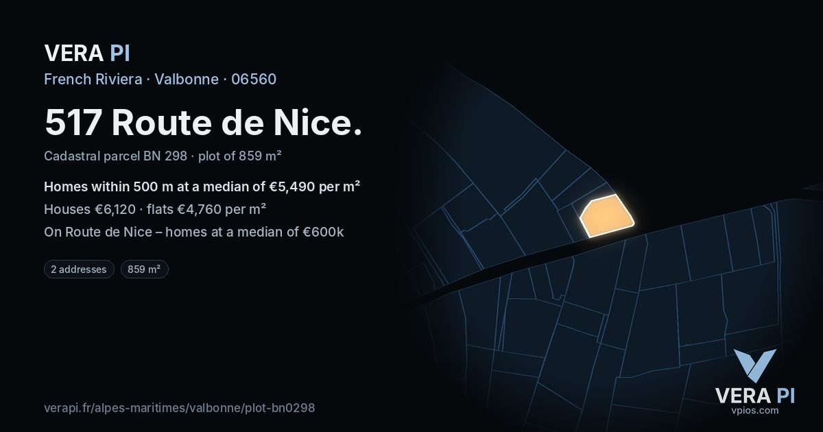 517 Route de Nice, Valbonne at night – the plot lit, the parcels around coloured by the prices near them