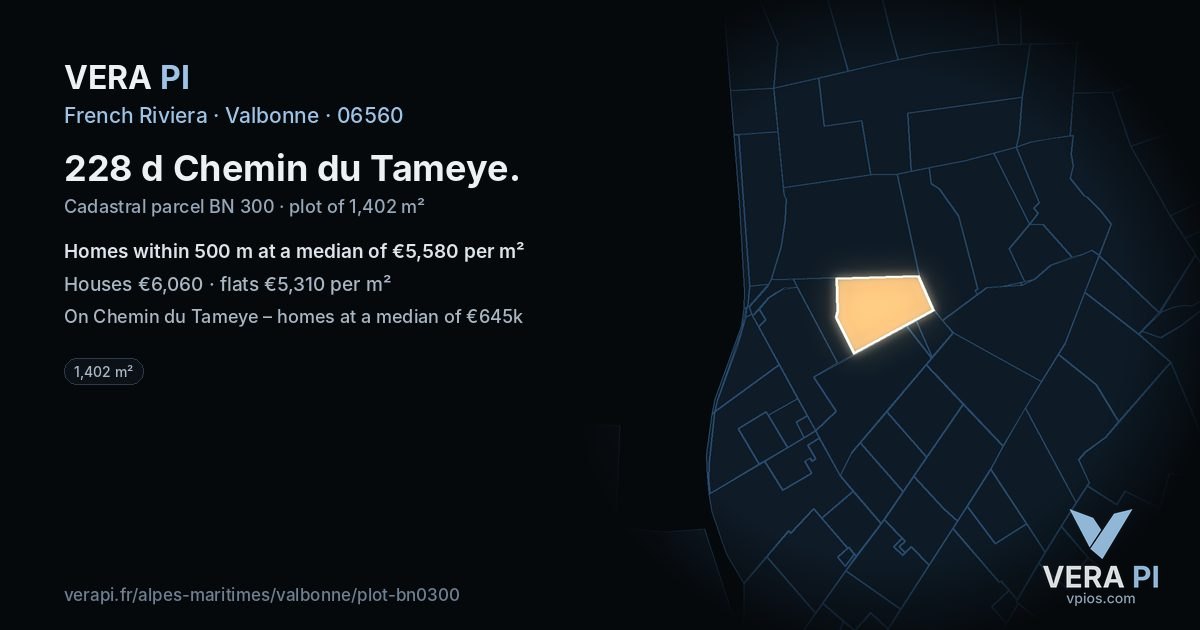 228 d Chemin du Tameye, Valbonne at night – the plot lit, the parcels around coloured by the prices near them
