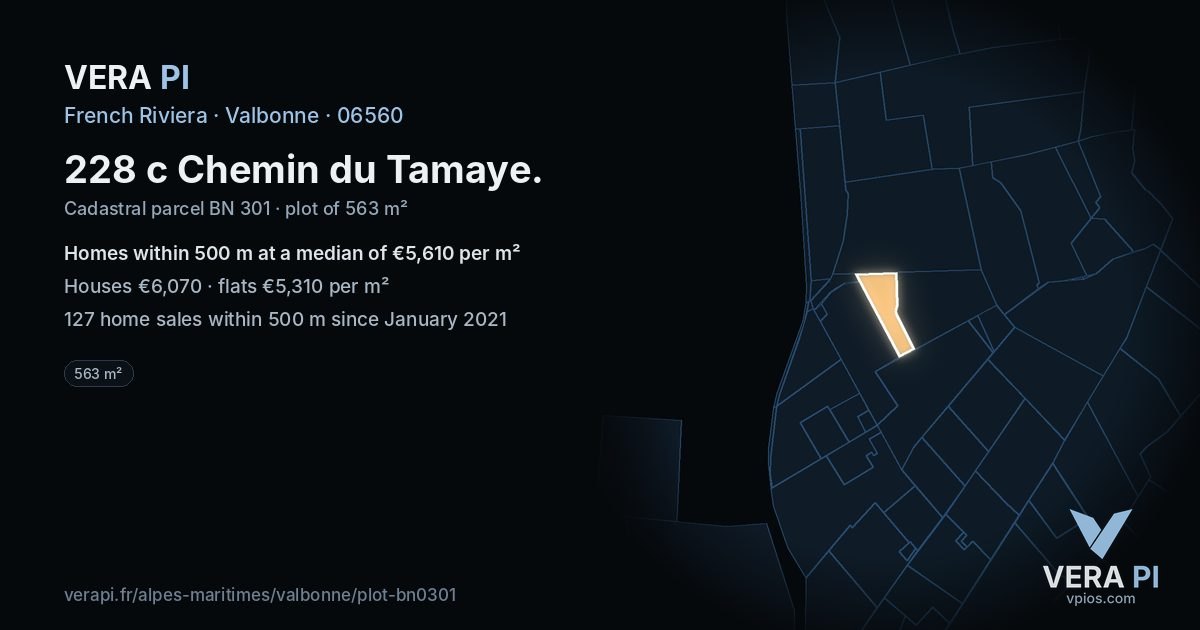 228 c Chemin du Tamaye, Valbonne at night – the plot lit, the parcels around coloured by the prices near them