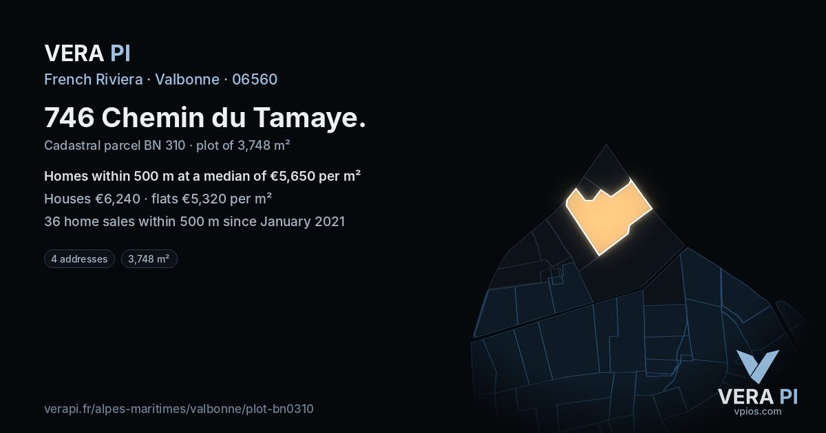 746 Chemin du Tamaye, Valbonne at night – the plot lit, the parcels around coloured by the prices near them