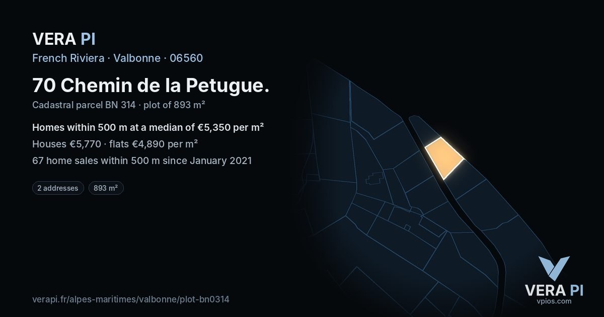 70 Chemin de la Petugue, Valbonne at night – the plot lit, the parcels around coloured by the prices near them