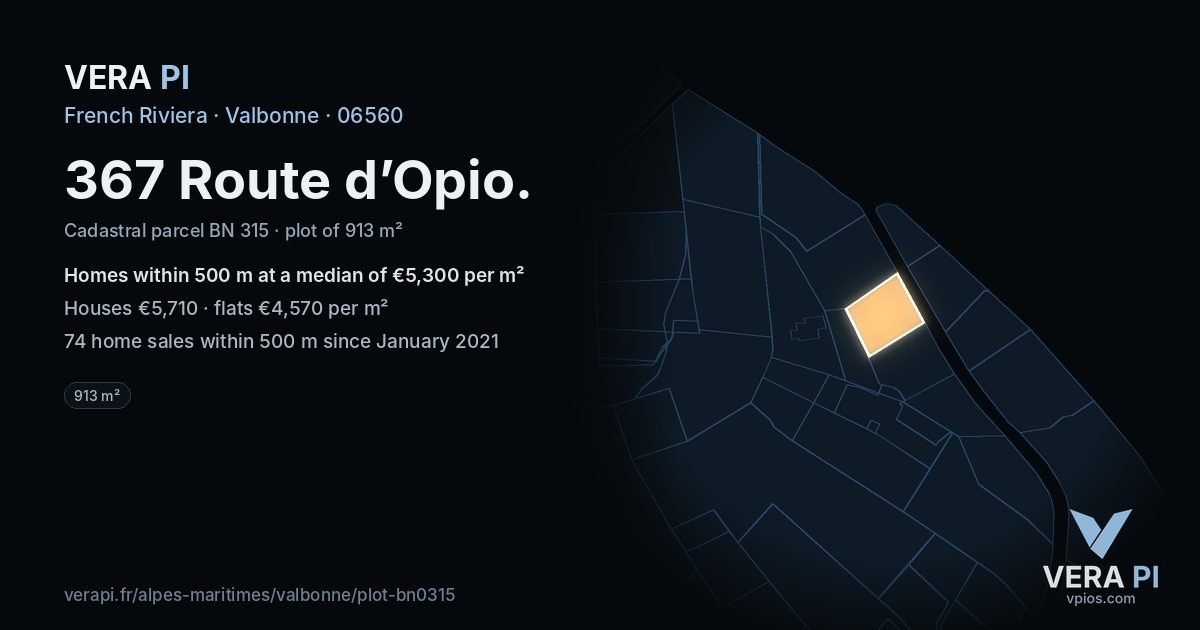 367 Route d’Opio, Valbonne at night – the plot lit, the parcels around coloured by the prices near them