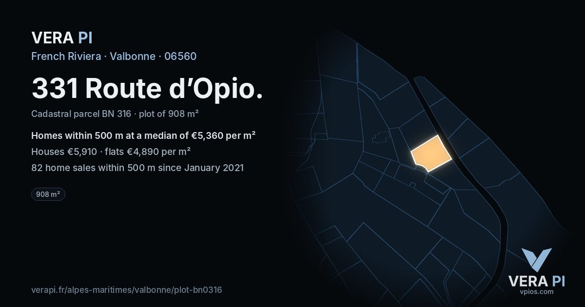 331 Route d’Opio, Valbonne at night – the plot lit, the parcels around coloured by the prices near them