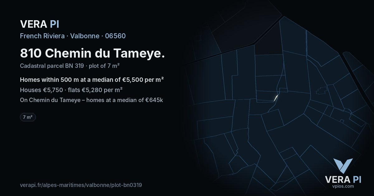 810 Chemin du Tameye, Valbonne at night – the plot lit, the parcels around coloured by the prices near them