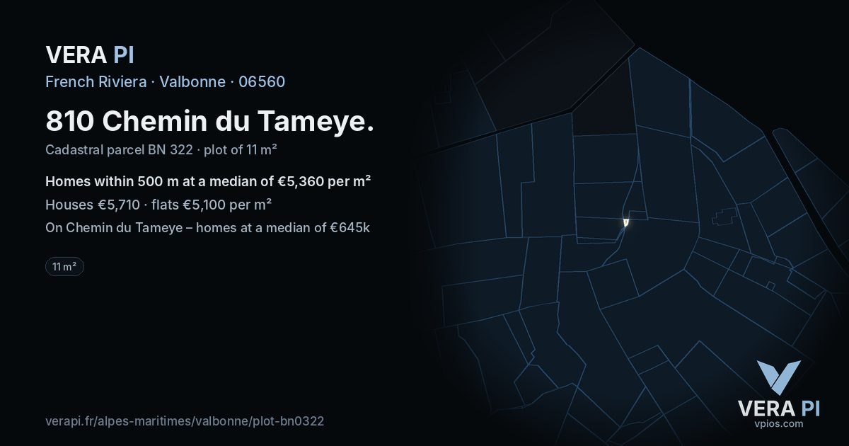 810 Chemin du Tameye, Valbonne at night – the plot lit, the parcels around coloured by the prices near them