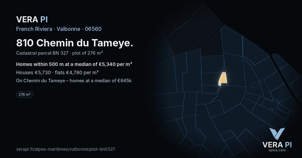 810 Chemin du Tameye, Valbonne at night – the plot lit, the parcels around coloured by the prices near them