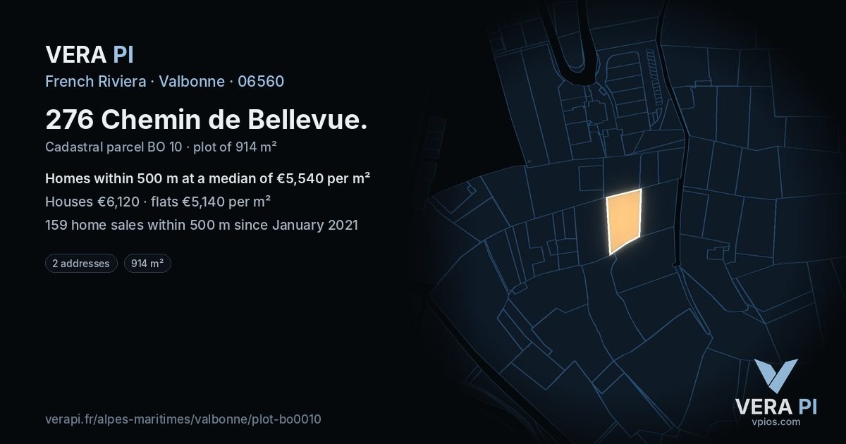 276 Chemin de Bellevue, Valbonne at night – the plot lit, the parcels around coloured by the prices near them