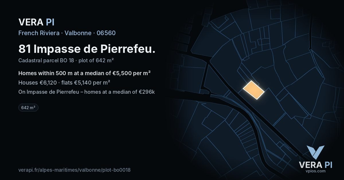 81 Impasse de Pierrefeu, Valbonne at night – the plot lit, the parcels around coloured by the prices near them