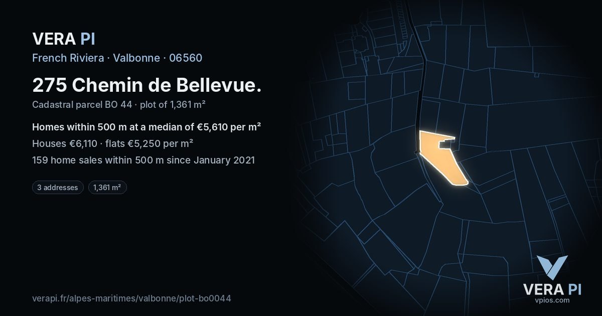 275 Chemin de Bellevue, Valbonne at night – the plot lit, the parcels around coloured by the prices near them