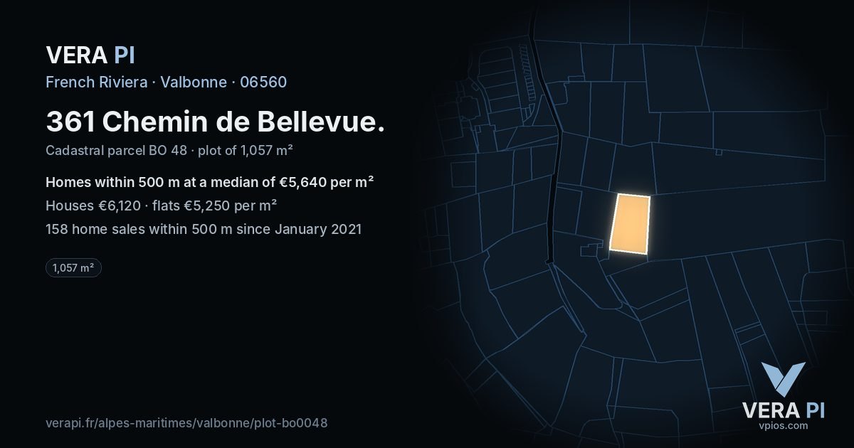361 Chemin de Bellevue, Valbonne at night – the plot lit, the parcels around coloured by the prices near them