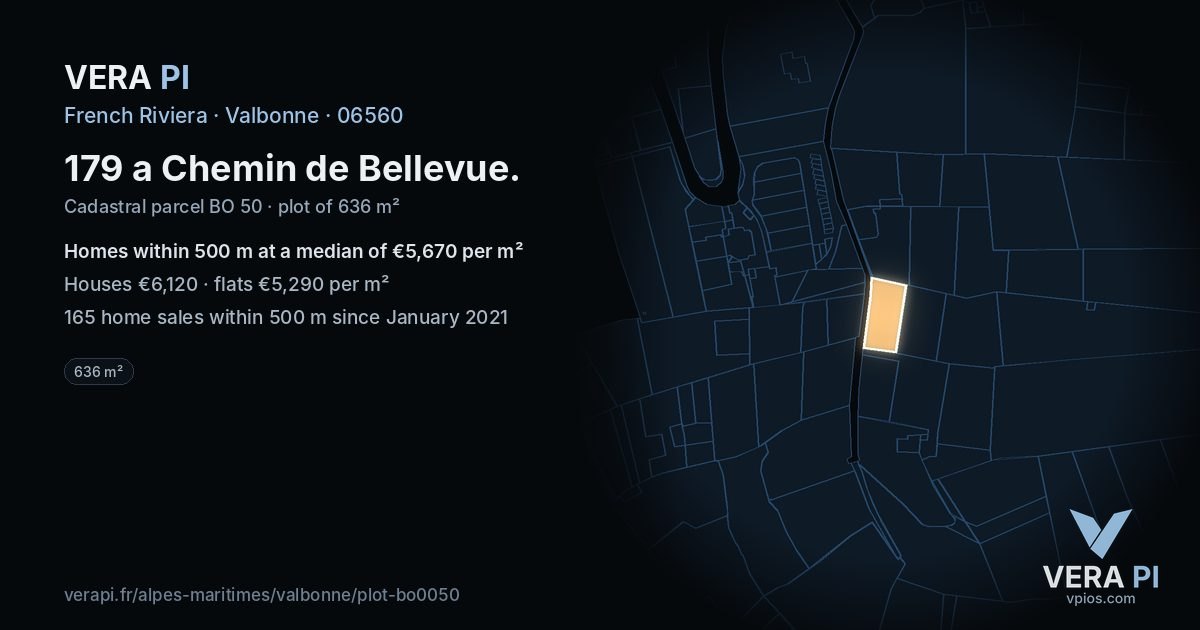 179 a Chemin de Bellevue, Valbonne at night – the plot lit, the parcels around coloured by the prices near them