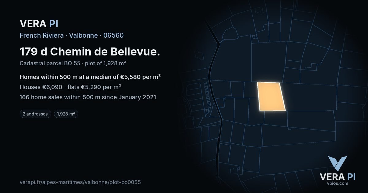 179 d Chemin de Bellevue, Valbonne at night – the plot lit, the parcels around coloured by the prices near them