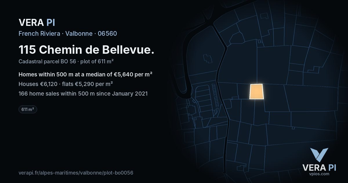 115 Chemin de Bellevue, Valbonne at night – the plot lit, the parcels around coloured by the prices near them