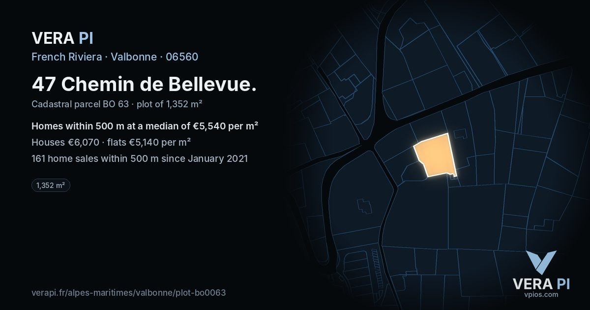 47 Chemin de Bellevue, Valbonne at night – the plot lit, the parcels around coloured by the prices near them