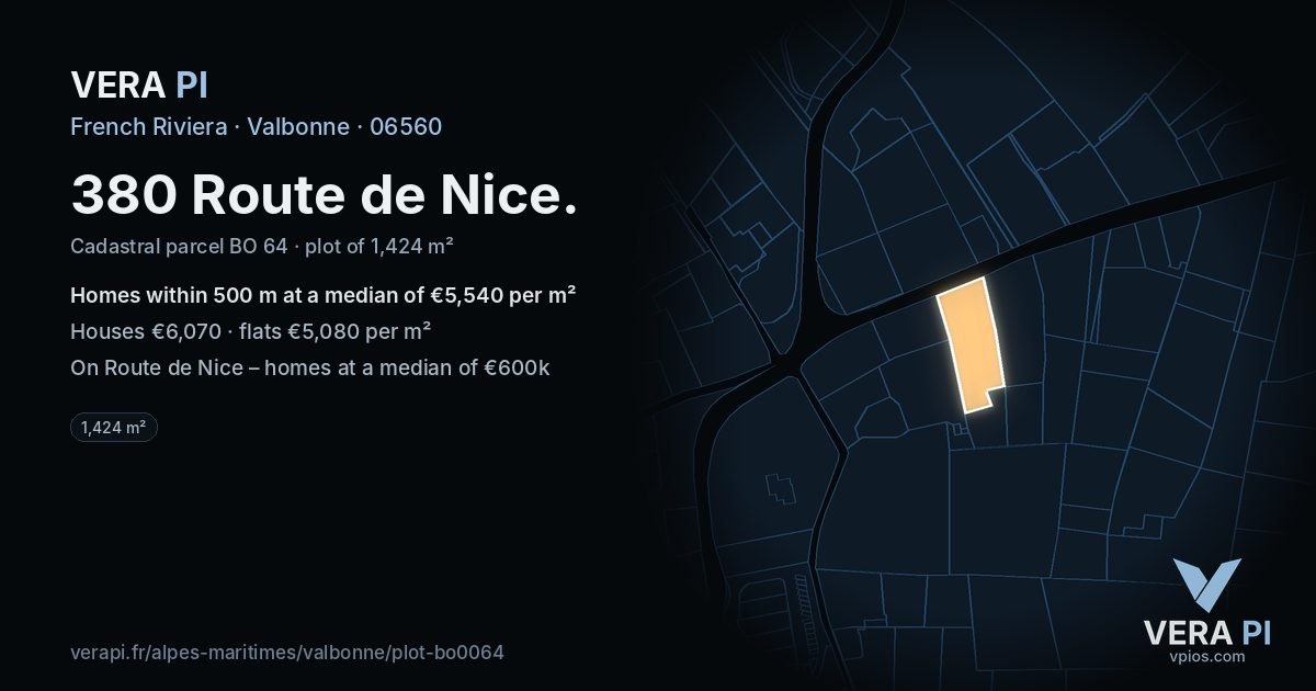 380 Route de Nice, Valbonne at night – the plot lit, the parcels around coloured by the prices near them