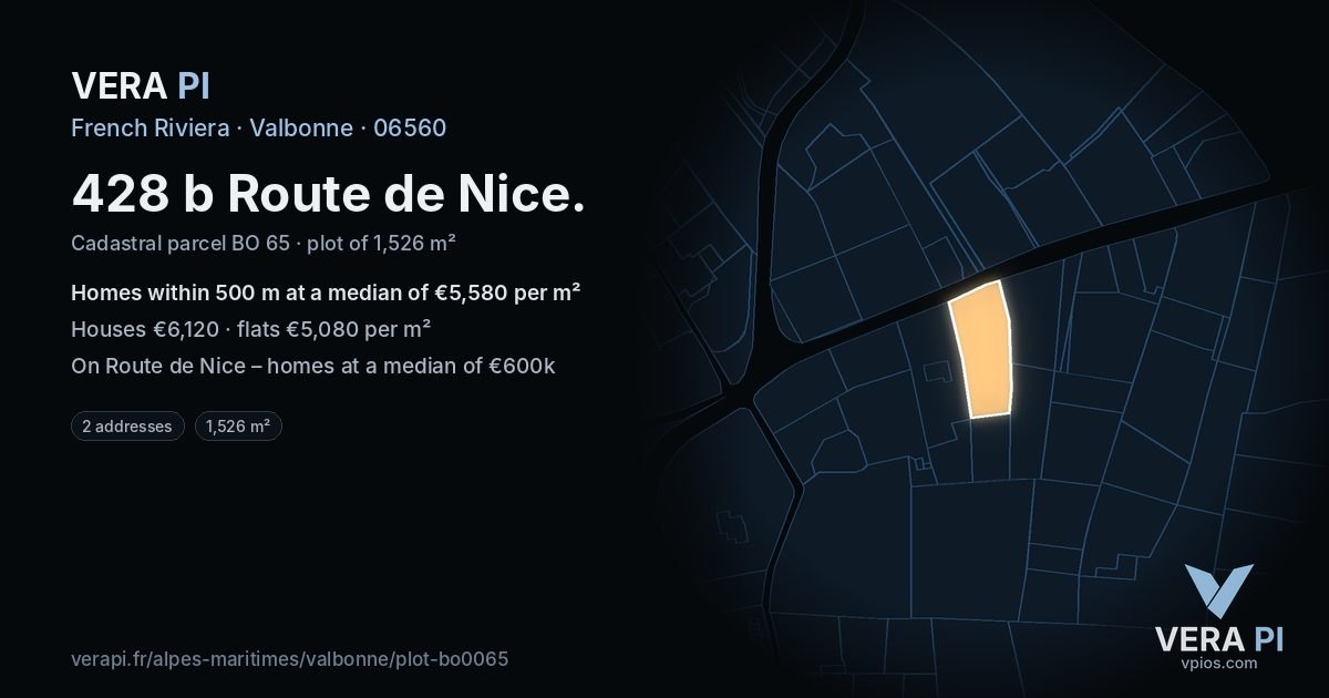428 b Route de Nice, Valbonne at night – the plot lit, the parcels around coloured by the prices near them