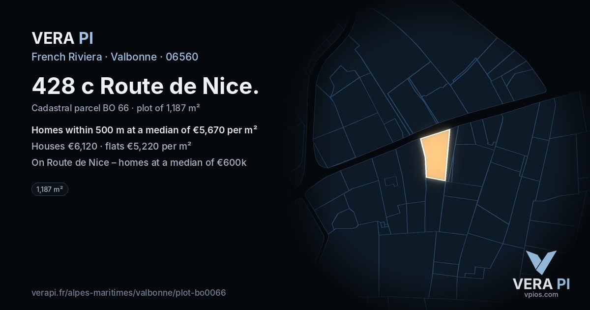 428 c Route de Nice, Valbonne at night – the plot lit, the parcels around coloured by the prices near them