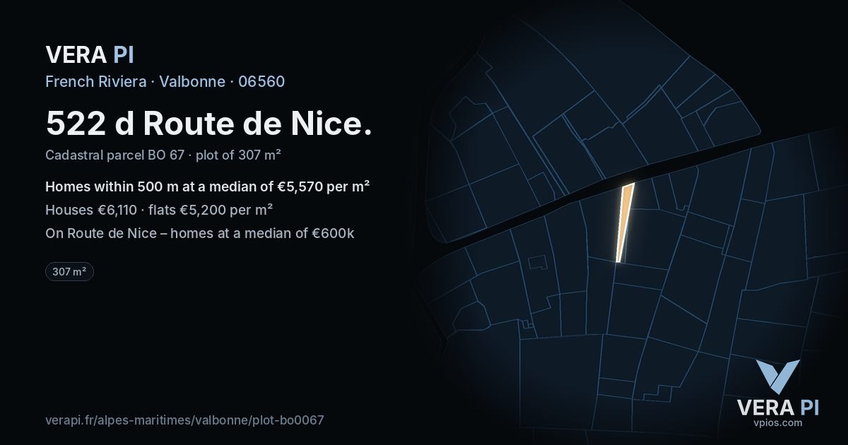 522 d Route de Nice, Valbonne at night – the plot lit, the parcels around coloured by the prices near them