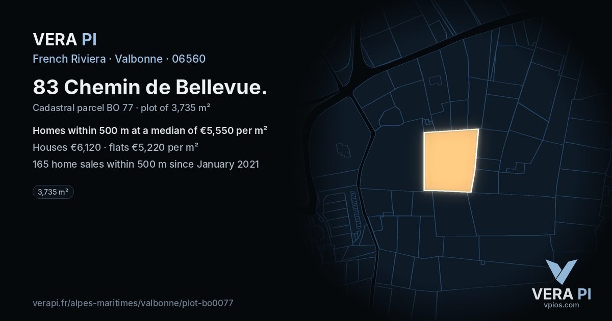 83 Chemin de Bellevue, Valbonne at night – the plot lit, the parcels around coloured by the prices near them