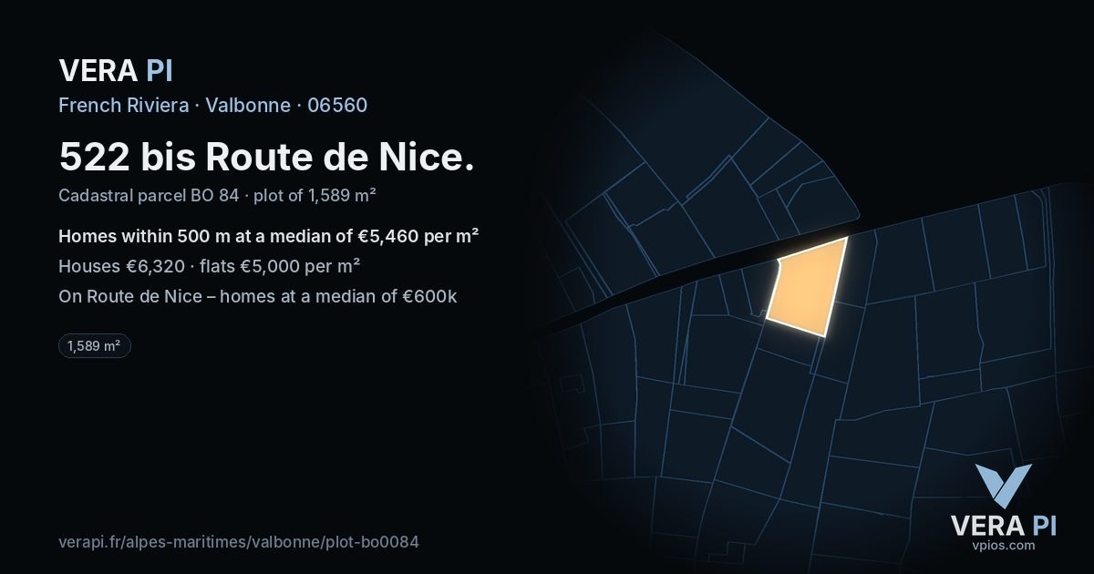 522 bis Route de Nice, Valbonne at night – the plot lit, the parcels around coloured by the prices near them