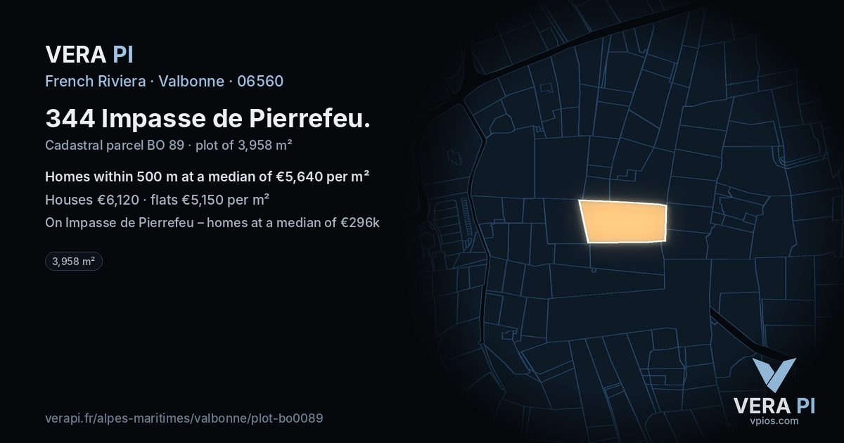 344 Impasse de Pierrefeu, Valbonne at night – the plot lit, the parcels around coloured by the prices near them