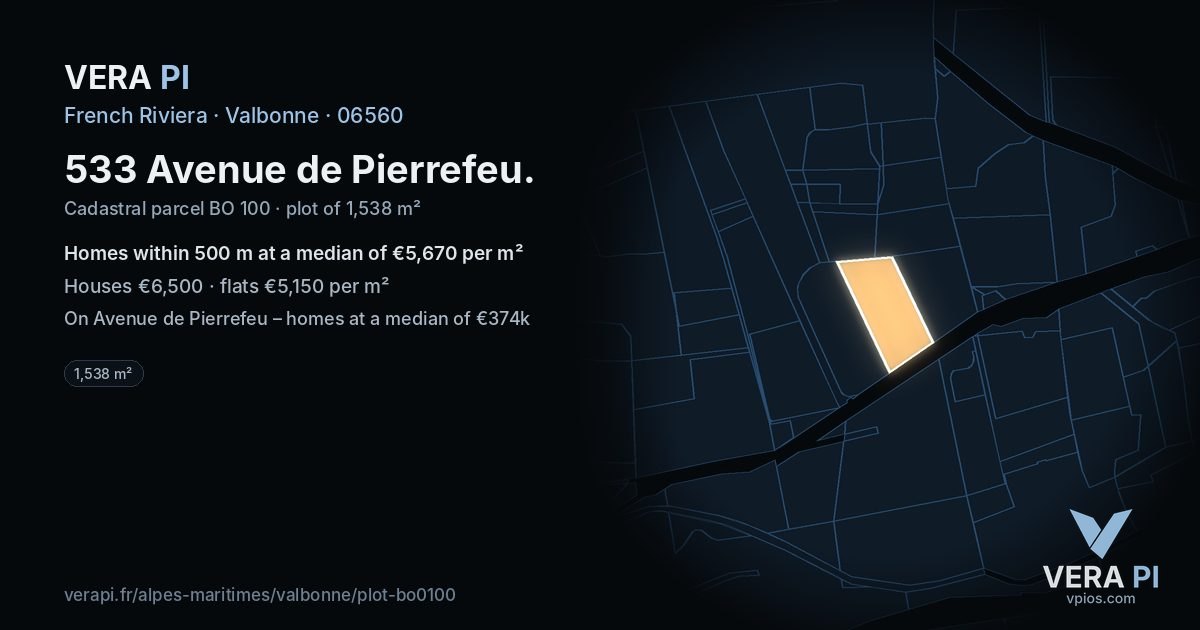 533 Avenue de Pierrefeu, Valbonne at night – the plot lit, the parcels around coloured by the prices near them