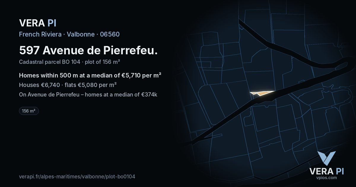 597 Avenue de Pierrefeu, Valbonne at night – the plot lit, the parcels around coloured by the prices near them