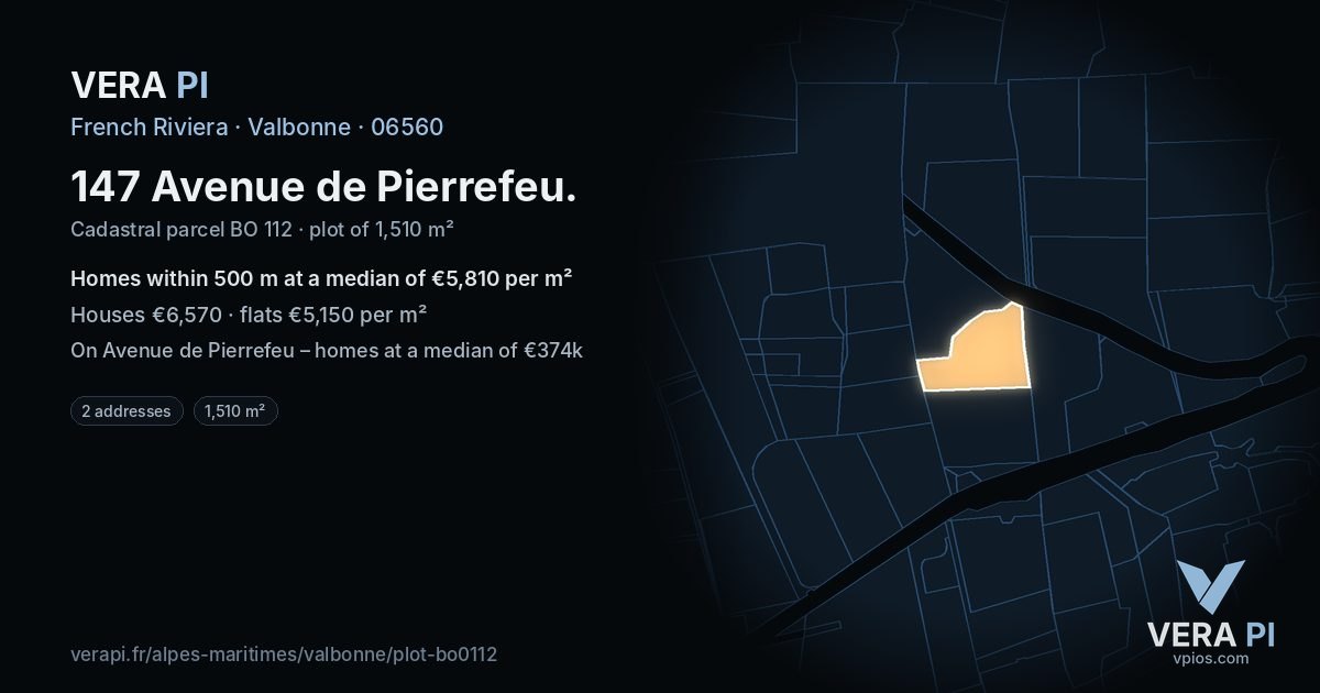 147 Avenue de Pierrefeu, Valbonne at night – the plot lit, the parcels around coloured by the prices near them