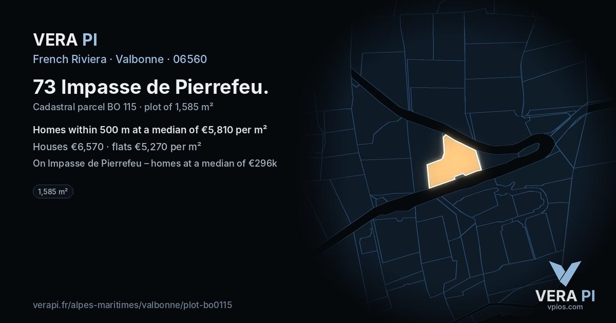 73 Impasse de Pierrefeu, Valbonne at night – the plot lit, the parcels around coloured by the prices near them