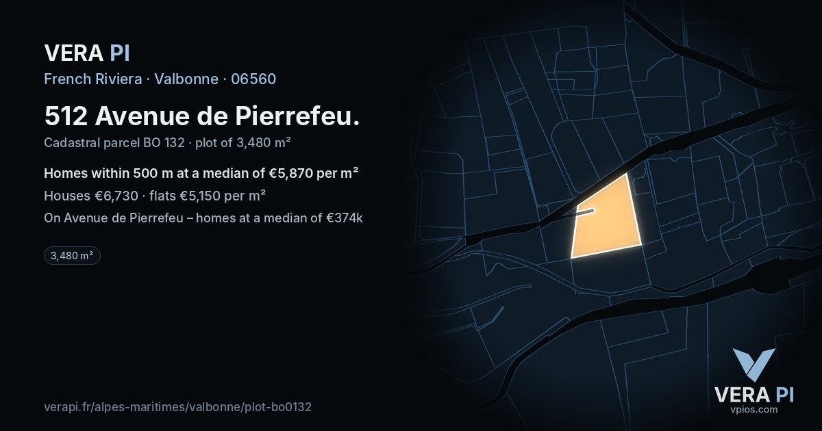 512 Avenue de Pierrefeu, Valbonne at night – the plot lit, the parcels around coloured by the prices near them