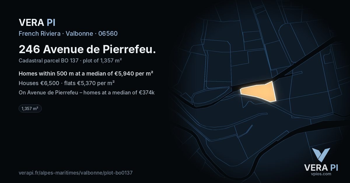 246 Avenue de Pierrefeu, Valbonne at night – the plot lit, the parcels around coloured by the prices near them