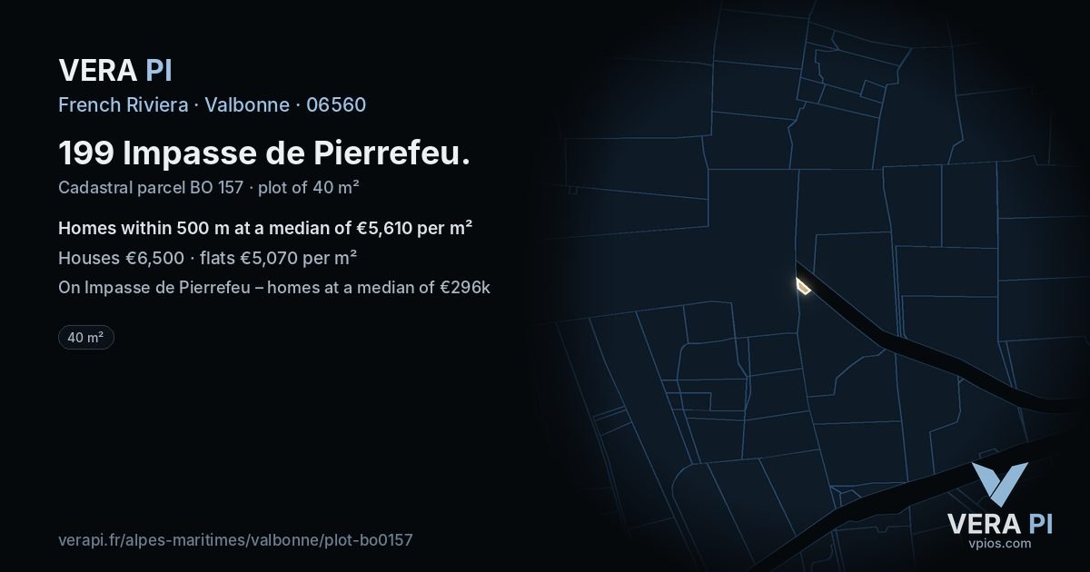 199 Impasse de Pierrefeu, Valbonne at night – the plot lit, the parcels around coloured by the prices near them