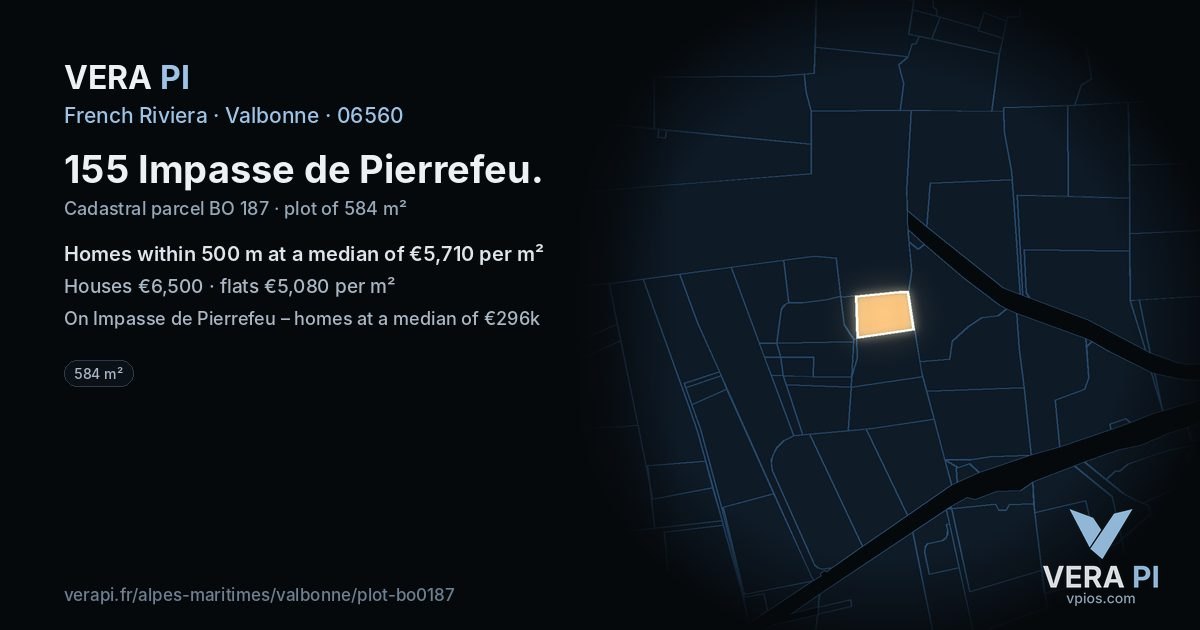 155 Impasse de Pierrefeu, Valbonne at night – the plot lit, the parcels around coloured by the prices near them