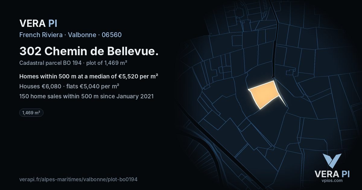 302 Chemin de Bellevue, Valbonne at night – the plot lit, the parcels around coloured by the prices near them