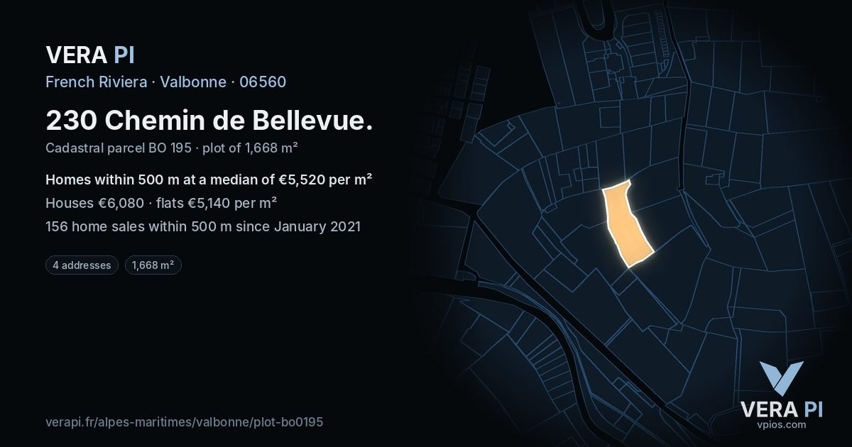 230 Chemin de Bellevue, Valbonne at night – the plot lit, the parcels around coloured by the prices near them