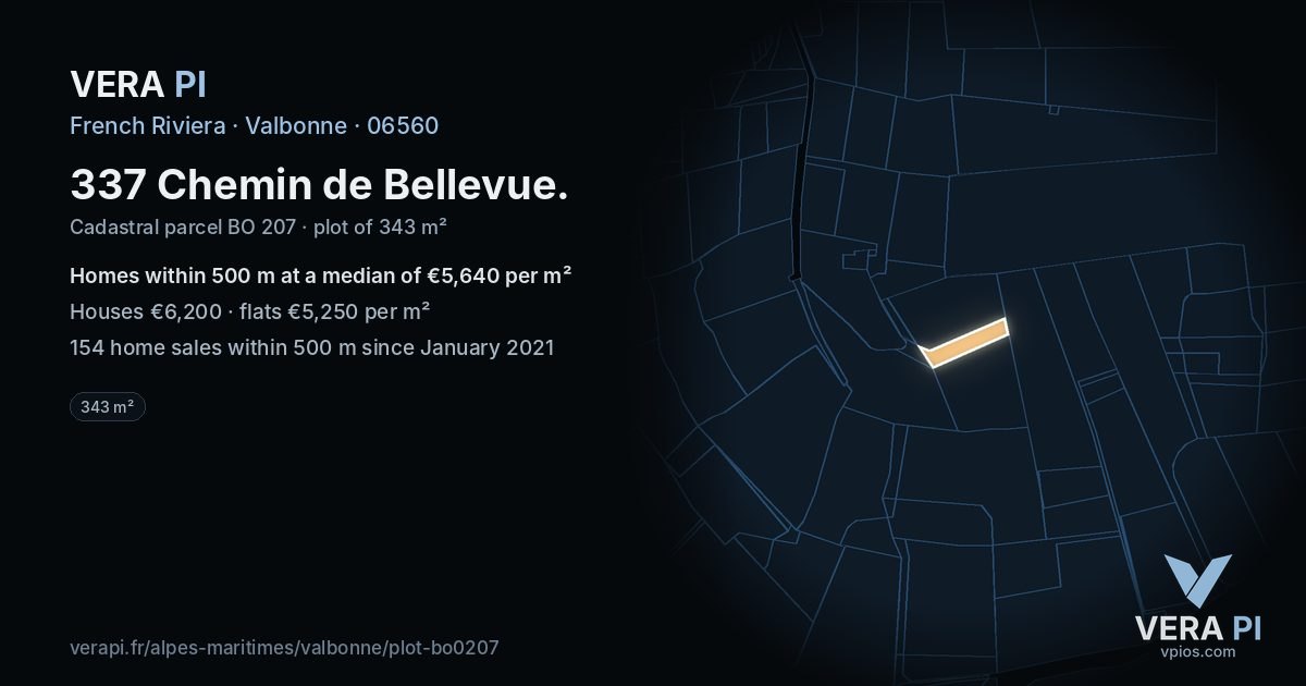 337 Chemin de Bellevue, Valbonne at night – the plot lit, the parcels around coloured by the prices near them