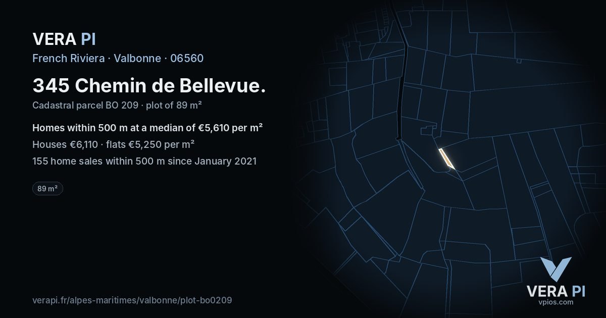345 Chemin de Bellevue, Valbonne at night – the plot lit, the parcels around coloured by the prices near them