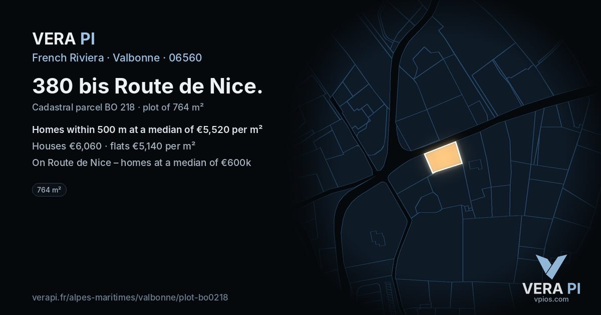 380 bis Route de Nice, Valbonne at night – the plot lit, the parcels around coloured by the prices near them
