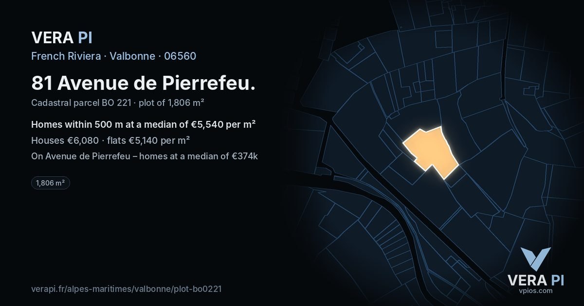 81 Avenue de Pierrefeu, Valbonne at night – the plot lit, the parcels around coloured by the prices near them