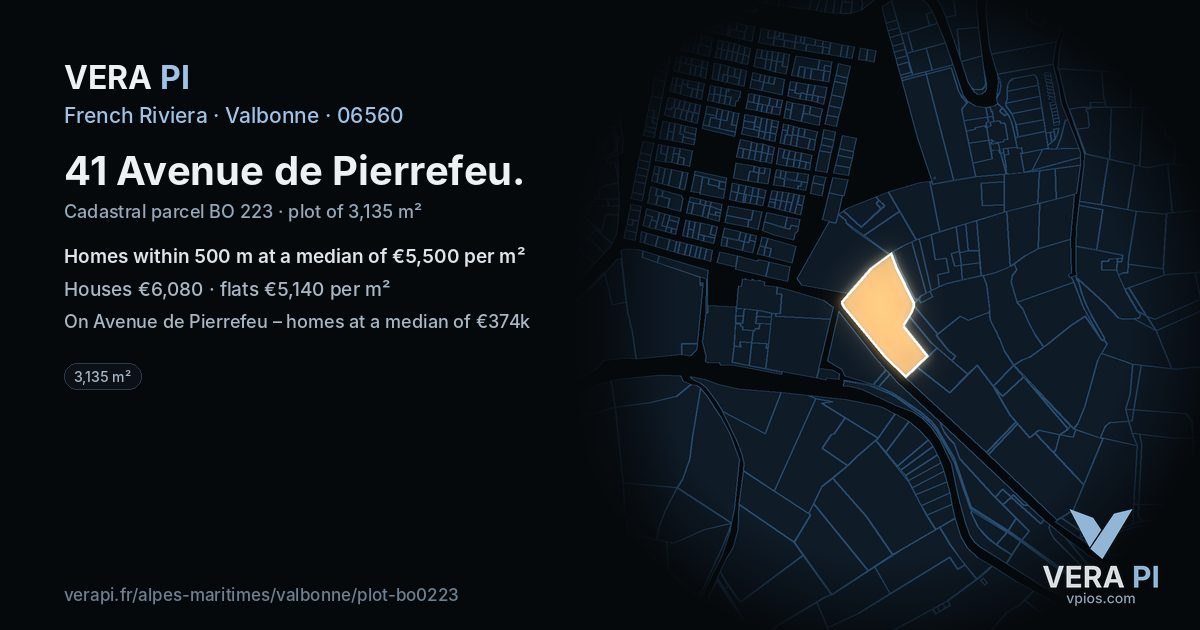 41 Avenue de Pierrefeu, Valbonne at night – the plot lit, the parcels around coloured by the prices near them