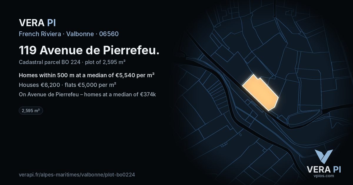 119 Avenue de Pierrefeu, Valbonne at night – the plot lit, the parcels around coloured by the prices near them