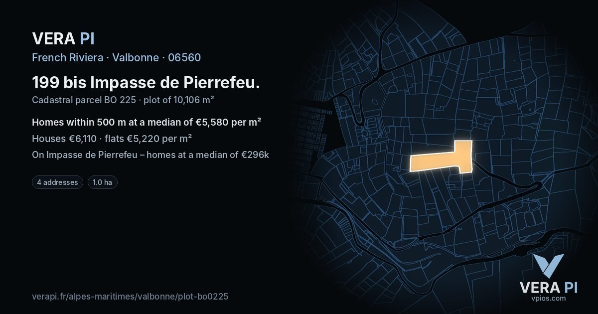 199 bis Impasse de Pierrefeu, Valbonne at night – the plot lit, the parcels around coloured by the prices near them