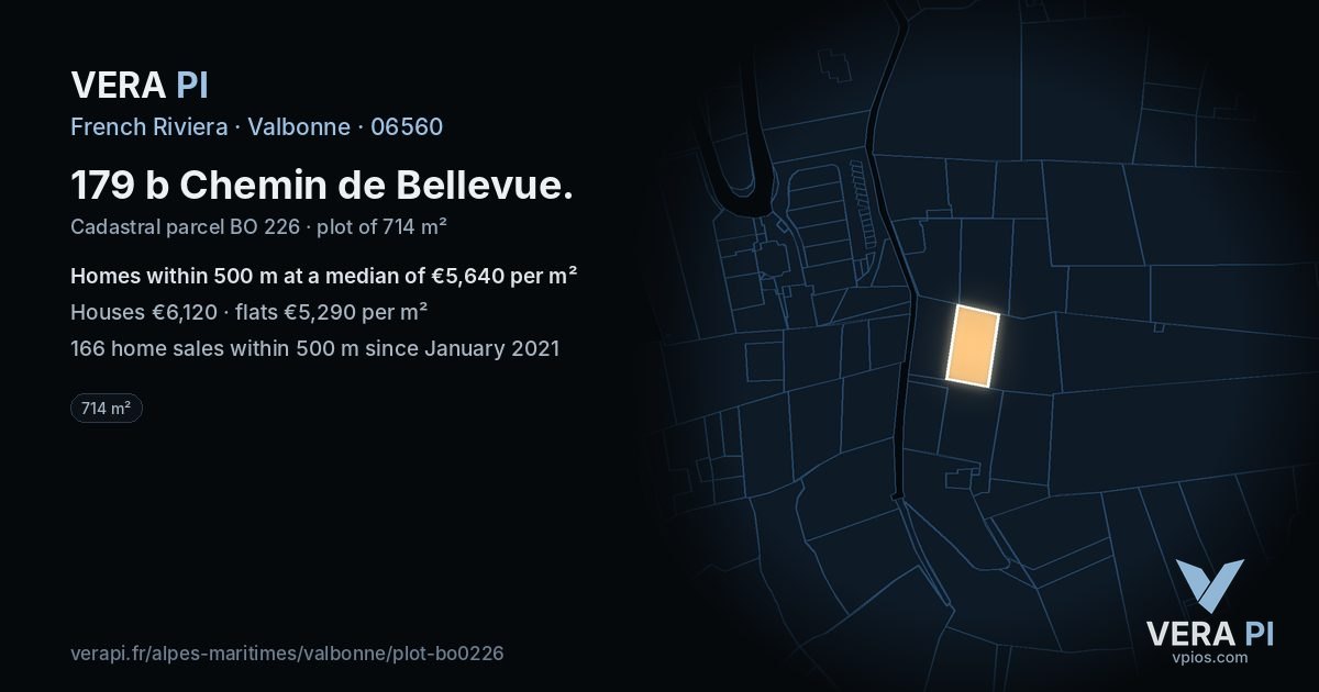 179 b Chemin de Bellevue, Valbonne at night – the plot lit, the parcels around coloured by the prices near them